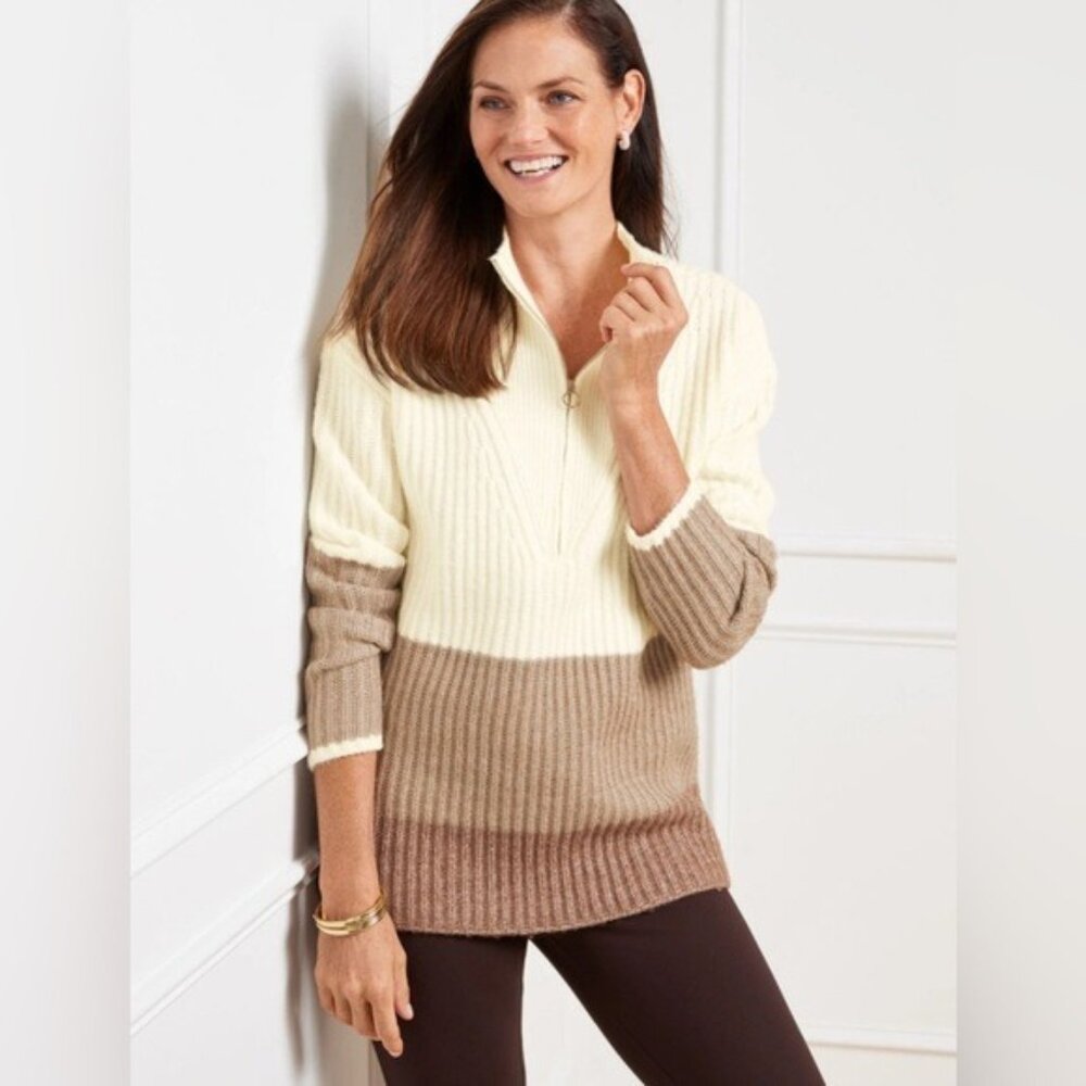 Talbots Quarter Zip Sweater Womens Medium Cream Tan Colorblock Ribbed Wool Blend